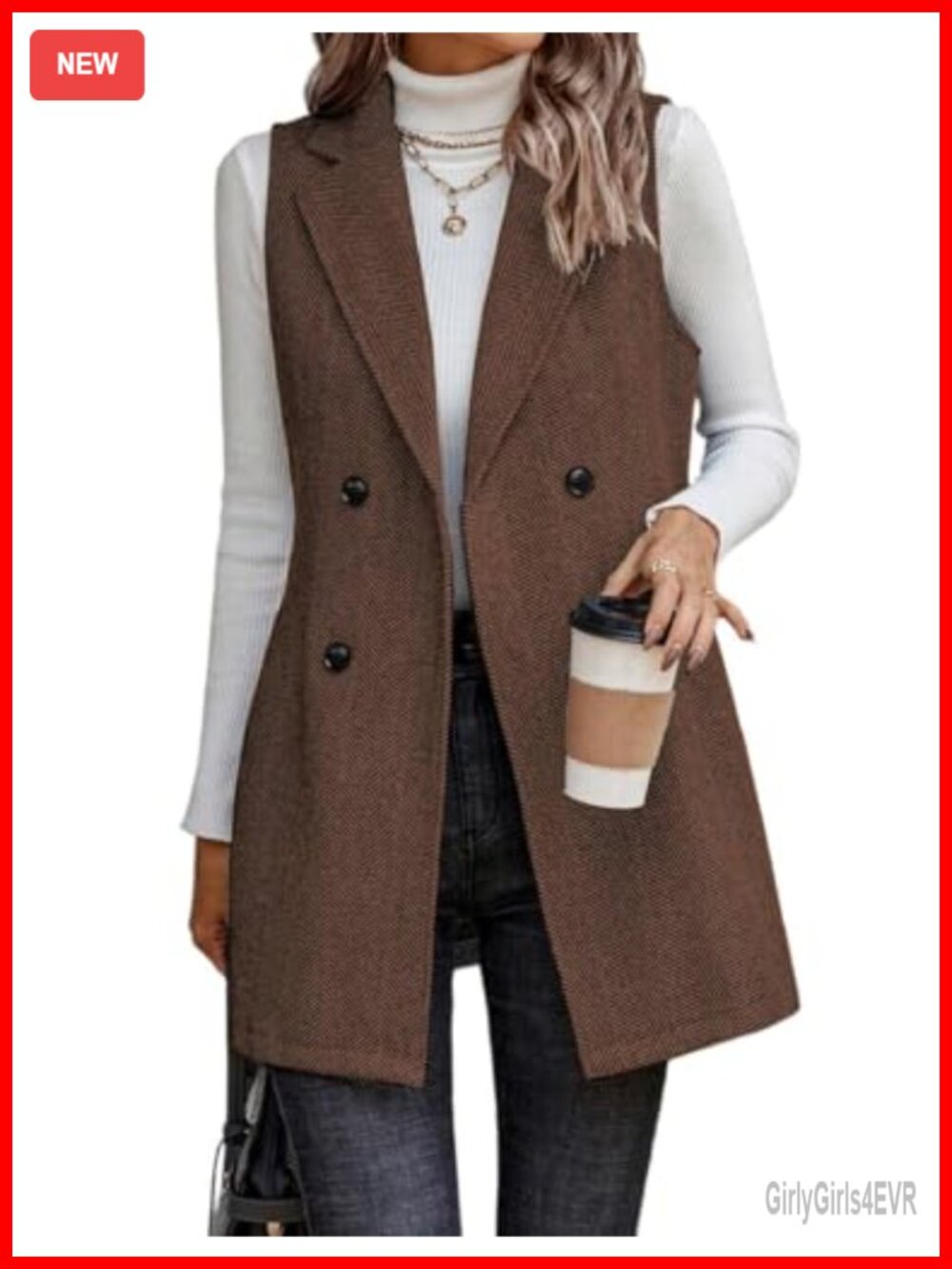 Long Sleeveless Tweed Blazer Vest Herringbone Wool Blend Business Casual
